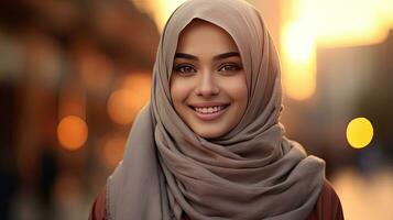 un' sorridente etnico giovane donna nel hijab. generetivo ai foto