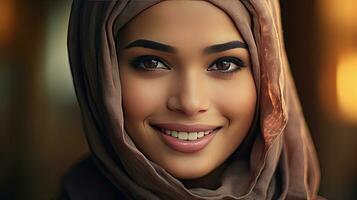 un' sorridente etnico giovane donna nel hijab. generetivo ai foto