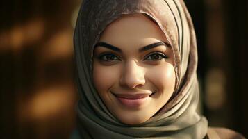un' sorridente etnico giovane donna nel hijab. generetivo ai foto