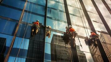 lavoratori pulizia bicchiere nel alto costruzione. generativo ai foto