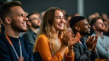 gruppo di giovane persone Applaudire mentre seduta nel un' conferenza camera a il seminario. generativo ai foto