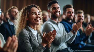 gruppo di giovane persone Applaudire mentre seduta nel un' conferenza camera a il seminario. generativo ai foto