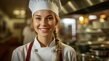 ritratto di un' sorridente femmina capocuoco nel il cucina. generativo ai foto