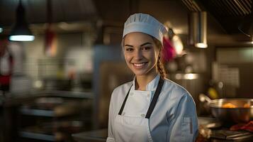 ritratto di un' sorridente femmina capocuoco nel il cucina. generativo ai foto