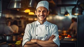 ritratto di un' sorridente maschio capocuoco con mani attraversato nel il cucina. generativo ai foto