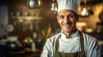 ritratto di un' sorridente maschio capocuoco con mani attraversato nel il cucina. generativo ai foto