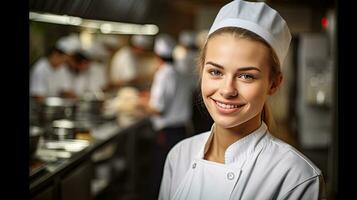 ritratto di un' sorridente femmina capocuoco nel il cucina. generativo ai foto