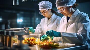 cibo scienziati siamo controllo il qualità di cibo nel un' laboratorio. generativo ai foto