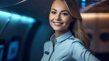 un' sorridente bellissimo donna Lavorando come volo addetto. femmina aereo hostess. generativo ai foto