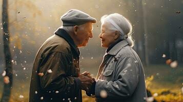 un' contento anziano coppia caduta nel amore nel il natura. anziano le persone. generativo ai foto