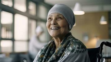 contento anziano femmina cancro paziente indossare testa sciarpa nel sedia a rotelle a Ospedale. generativo ai foto