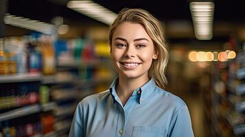 ritratto di sorridente giovane femmina supermercato lavoratore. generativo ai foto