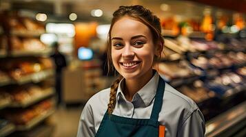 ritratto di sorridente giovane femmina supermercato lavoratore. generativo ai foto