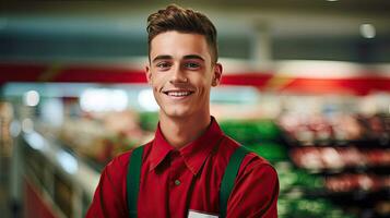 ritratto di sorridente giovane maschio supermercato lavoratore. generativo ai foto