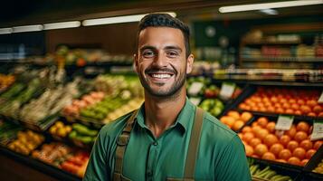 ritratto di sorridente giovane maschio supermercato lavoratore. generativo ai foto