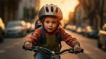 un' bambino ragazzo nel bicicletta casco equitazione un' bicicletta per il primo volta. sicurezza casco. generativo ai foto