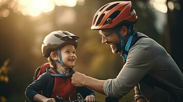 padre porzione allegro figlio indossare bicicletta casco per ciclo. eccitato poco ragazzo ottenere pronto di indossare bicicletta casco per inizio Ciclismo. sicurezza casco. generativo ai foto