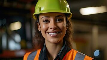 ritratto di sorridente femmina ingegnere su luogo indossare sicurezza casco, alto vis veste e pp. sicurezza primo concetto concetto. generativo ai foto