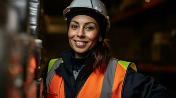 ritratto di sorridente femmina ingegnere su luogo indossare sicurezza casco, alto vis veste e pp. sicurezza primo concetto concetto. generativo ai foto