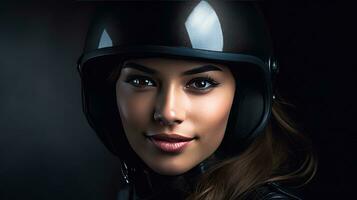 un' bellissimo donna nel motociclo casco. generativo ai foto