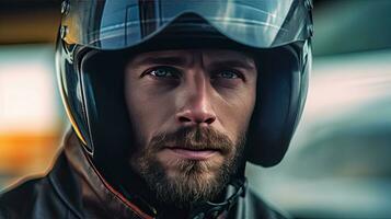 un' bello uomo nel motociclo casco. generativo ai foto