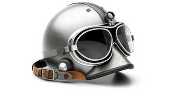 un' nuovo grigio Vintage ▾ casco e vento goggle isolato su bianca sfondo. generativo ai foto