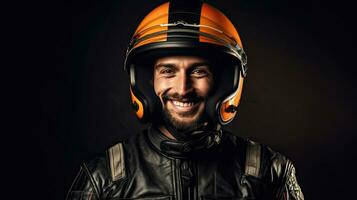 ritratto di un' sorridente maschio motociclista nel pelle giacca e motociclo casco guardare a telecamera. karting sport concetto. generativo ai foto