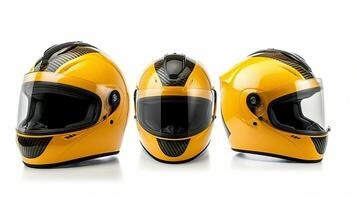 impostato collezione di giallo motociclo carbonio integrante schianto casco isolato su bianca sfondo. generativo ai foto