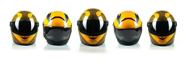 impostato collezione di giallo motociclo carbonio integrante schianto casco isolato su bianca sfondo. generativo ai foto