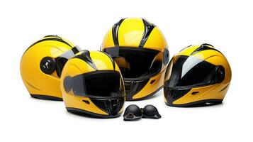 impostato collezione di giallo motociclo carbonio integrante schianto casco isolato su bianca sfondo. generativo ai foto