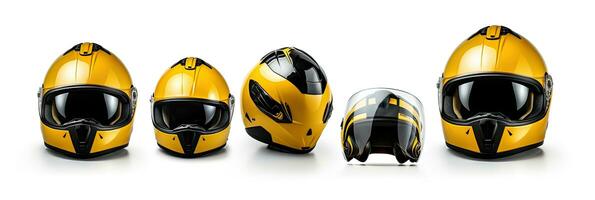 impostato collezione di giallo motociclo carbonio integrante schianto casco isolato su bianca sfondo. generativo ai foto