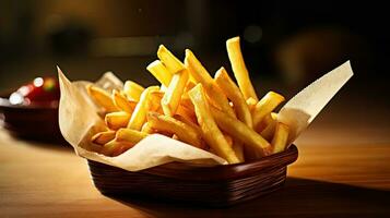 francese patatine fritte su di legno tavolo nel il ristorante. generativo ai foto