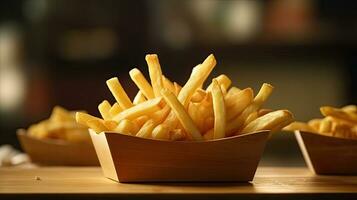 francese patatine fritte su di legno tavolo nel il ristorante. generativo ai foto