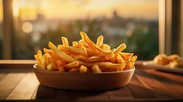 francese patatine fritte su di legno tavolo nel il ristorante. generativo ai foto