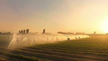 agricolo irrigazione sistema, automatizzato agricoltura sistema con grande irrigazione irrigatori spruzzatura acqua al di sopra di nel Patata campo. generativo ai foto