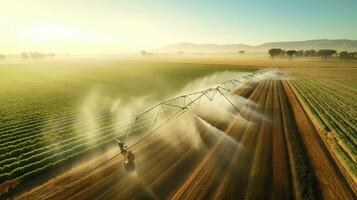 aereo Visualizza di a agricolo irrigazione sistema nel Patata campo, irrigazione Ritaglia per Di Più crescita. centro perno sistema irrigazione. irrigazione Ritaglia nel campo a azienda agricola. generativo ai foto