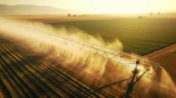 aereo Visualizza di a agricolo irrigazione sistema nel Patata campo, irrigazione Ritaglia per Di Più crescita. centro perno sistema irrigazione. irrigazione Ritaglia nel campo a azienda agricola. generativo ai foto