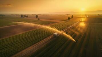 aereo Visualizza di a agricolo irrigazione sistema nel Patata campo, irrigazione Ritaglia per Di Più crescita. centro perno sistema irrigazione. irrigazione Ritaglia nel campo a azienda agricola. generativo ai foto