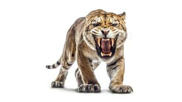 un' sabertooth tigre smilodon su un' bianca sfondo. generativo ai foto