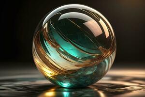 trasparente cristallo palla su un' di legno tavolo. ai generativo foto