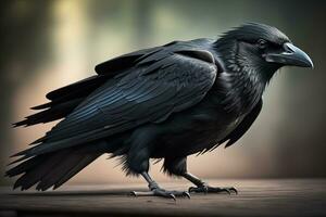 vicino su ritratto di un' nero Corvo, corvo corax. ai generativo foto