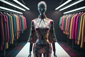 futuristico moda indossatrice nel il negozio. ai generativo foto