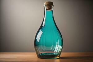 bottiglia con un' liquido su un' solido colore sfondo. ai generativo foto