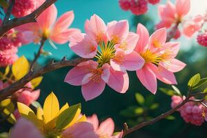 ciliegia fiorire sakura fiore su blu cielo sfondo, ai generativo foto