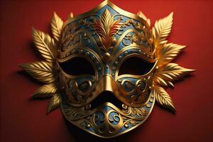 veneziano carnevale maschera con d'oro ornamento su un' solido colore sfondo. ai generativo foto