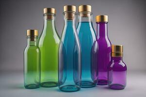 un' riga di bicchiere bottiglie con colorato liquido. ai generativo foto