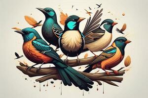 vettore illustrazione di un' gruppo di colorato uccelli seduta su un' ramo. ai generativo foto