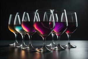 vino bicchieri su un' di legno tavolo contro il sfondo. ai generativo foto