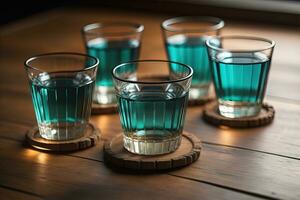 bicchieri di whisky su un' di legno tavolo nel un' pub o ristorante. ai generativo foto