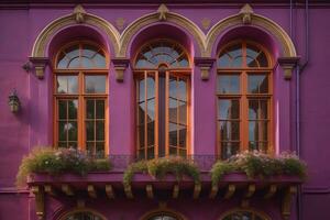 colorato finestre di un' tipico Casa nel il città, ai generativo foto